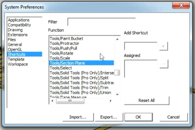 Sketchup shortcuts preferences window