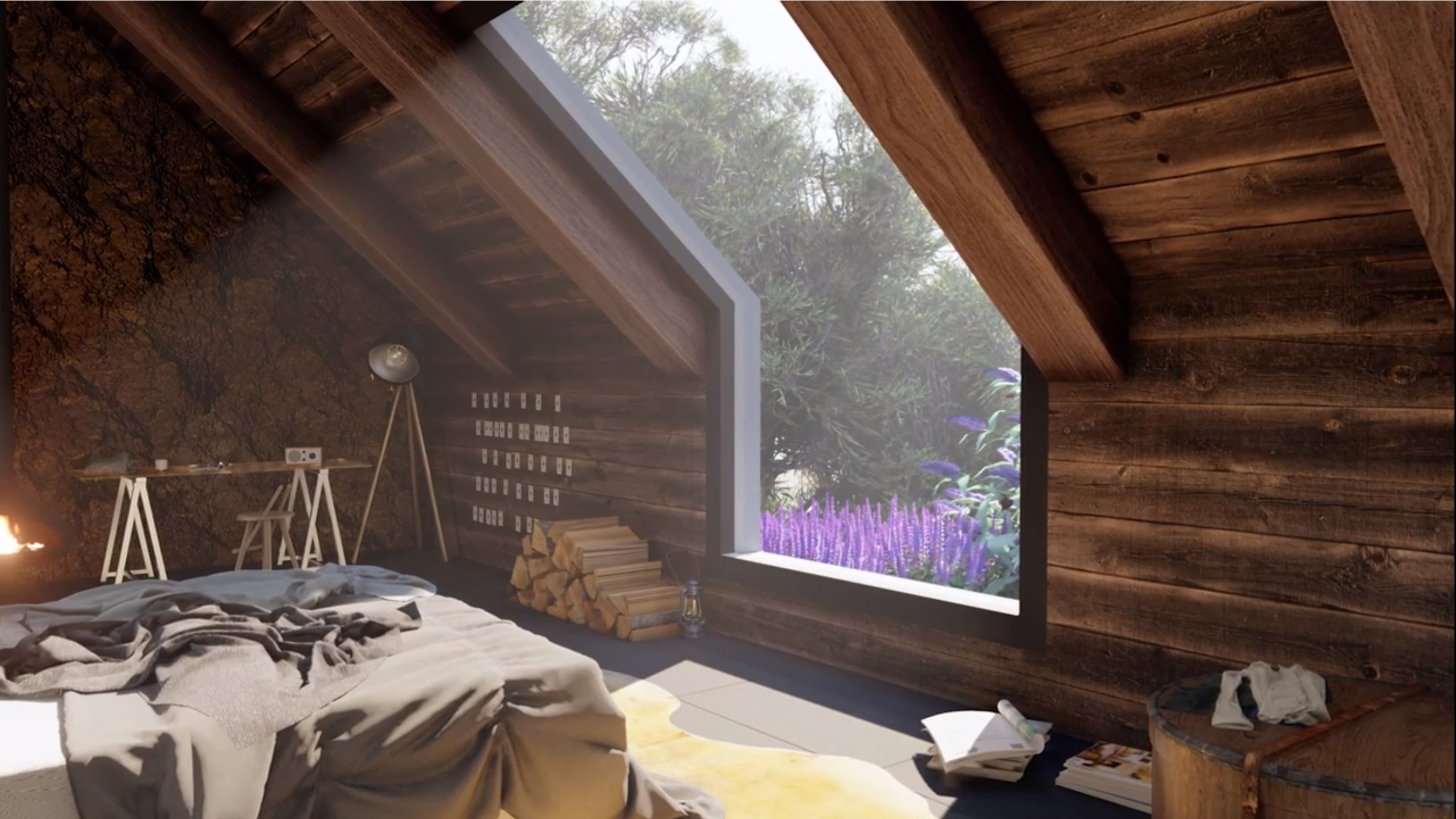 final rendering for interior Sketchup cozy attic bedroom model