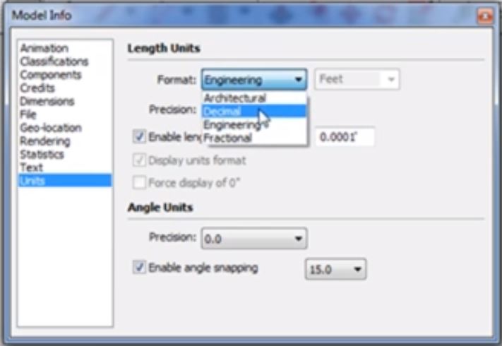 change units in Sketchup with model info window