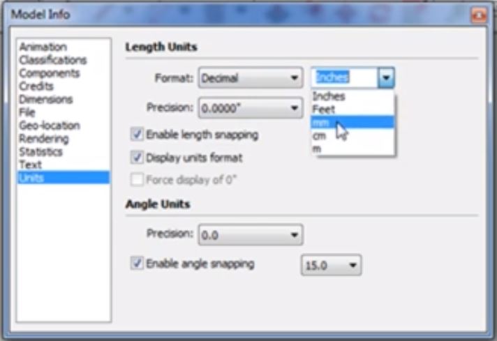 change units in Sketchup with format dropdown menus