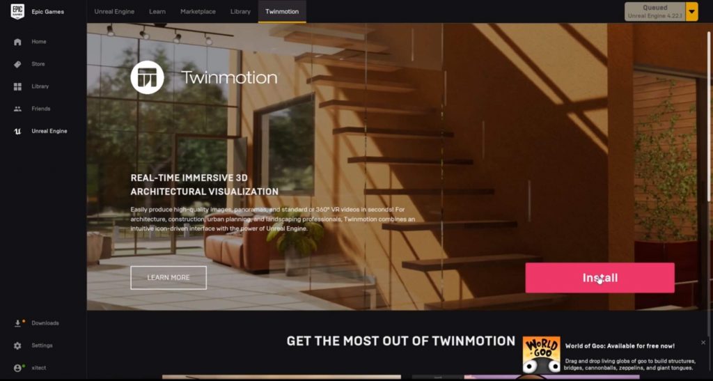 TwinMotion free download install button