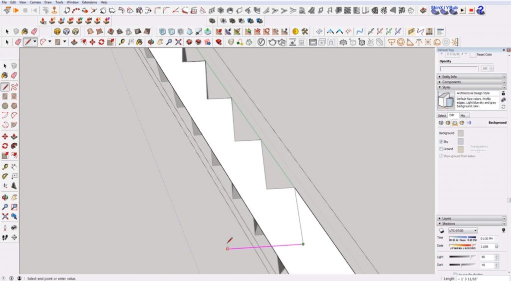 draw perpendicular line on stairs in Sketchup